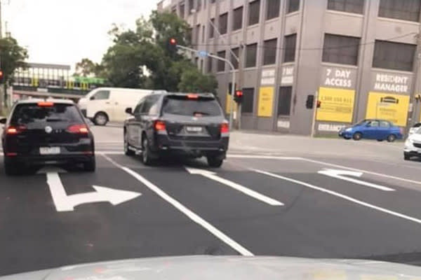 The incorrect marking in the left lane indicates drivers can turn right. Source: Supplied