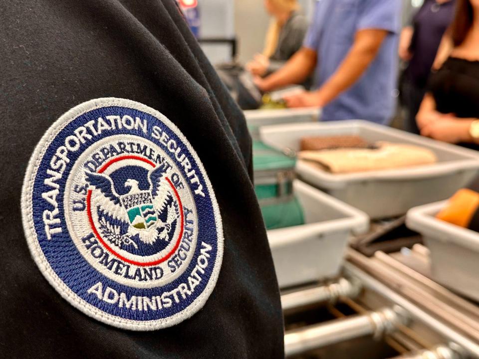 A TSA agent stands watch at the security queue at LAX.