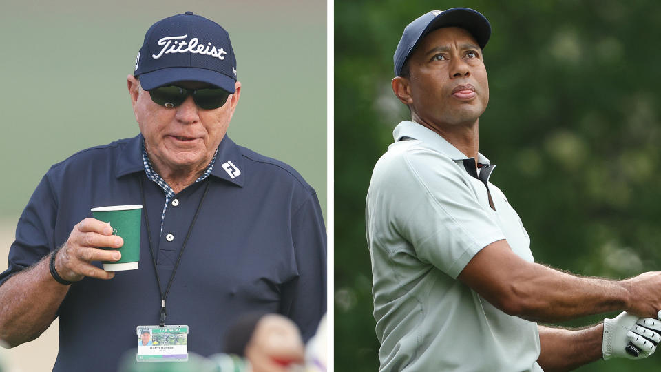 Butch Harmon holds a cup of drink, whilst Tiger Woods watches his iron shot