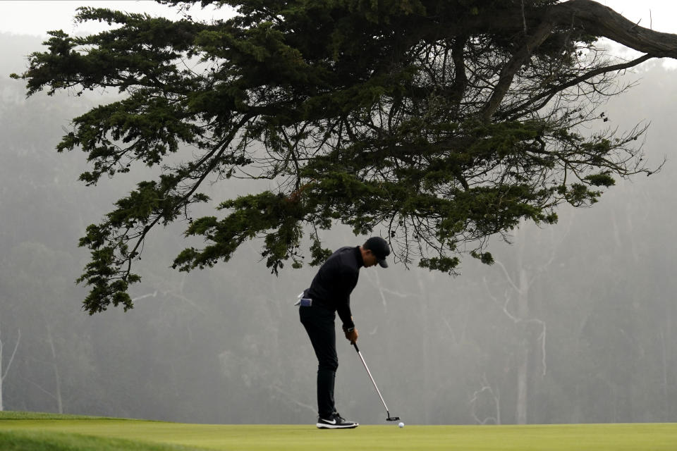 Cameron Champ putts on the 16th hole during the third round of the PGA Championship golf tournament at TPC Harding Park Saturday, Aug. 8, 2020, in San Francisco. (AP Photo/Jeff Chiu)