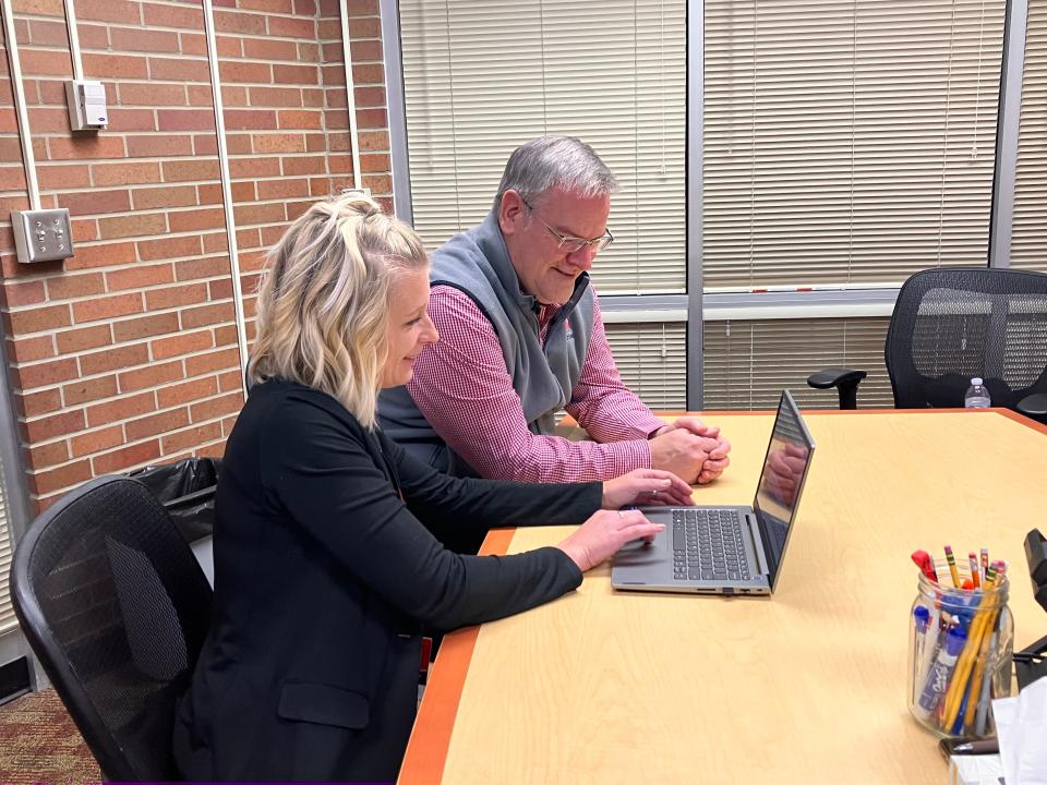 Jessica Cooper with Timothy Souder at the High School. Cooper said collaboration is the key to success in early chronic absenteeism detection and prevention.