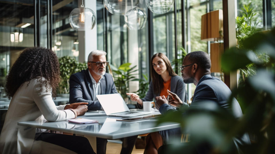 A group of multi-cultural professionals discussing the future of insurance services in a modern office.