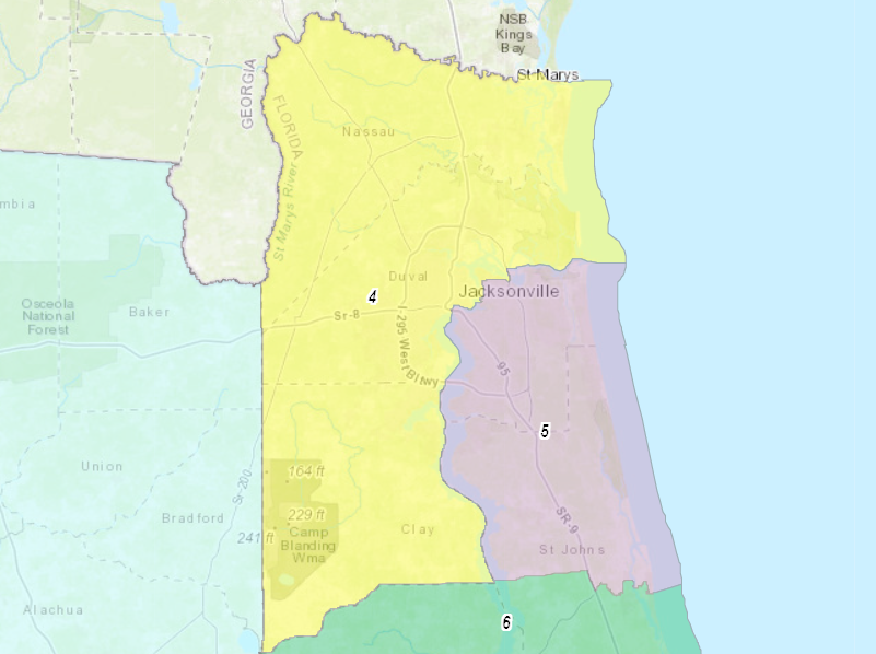 The newly drawn Fourth Congressional District will have Clay County and Nassau County sandwiching a large portion of Duval County. The  Duval County part generally is west and north of the St. Johns River.