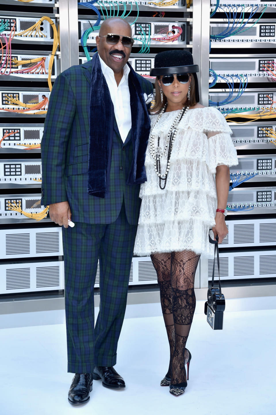 Steve Harvey accompanied his wife, Marjorie Harvey, better known in the fashion world as the Lady Loves Couture, to the show, both looking as chic as ever.