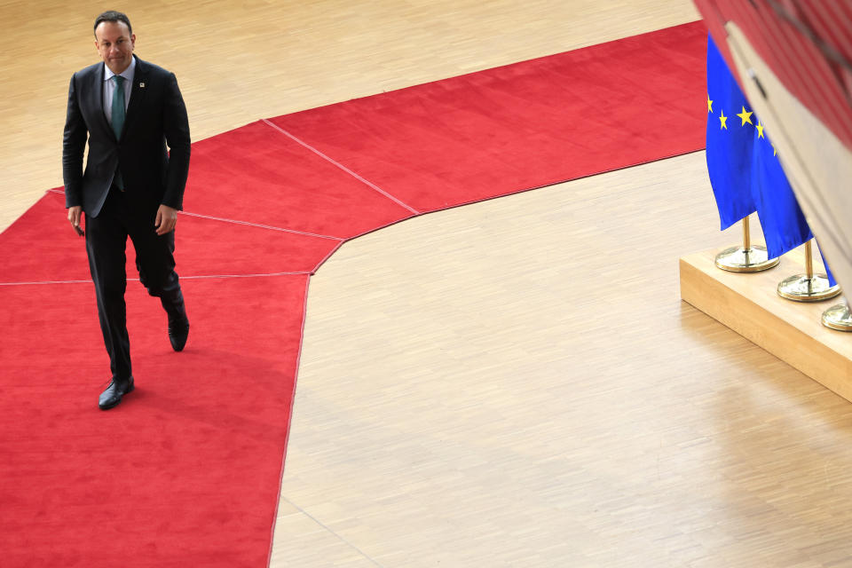 Ireland's Prime Minister Leo Varadkar arrives for a EU Summit in Brussels, Thursday, March 21, 2024. European Union leaders are gathering to consider new ways to help boost arms and ammunition production for Ukraine. Leaders will also discuss in Thursday's summit the war in Gaza amid deep concern about Israeli plans to launch a ground offensive in the city of Rafah. (AP Photo/Geert Vanden Wijngaert)