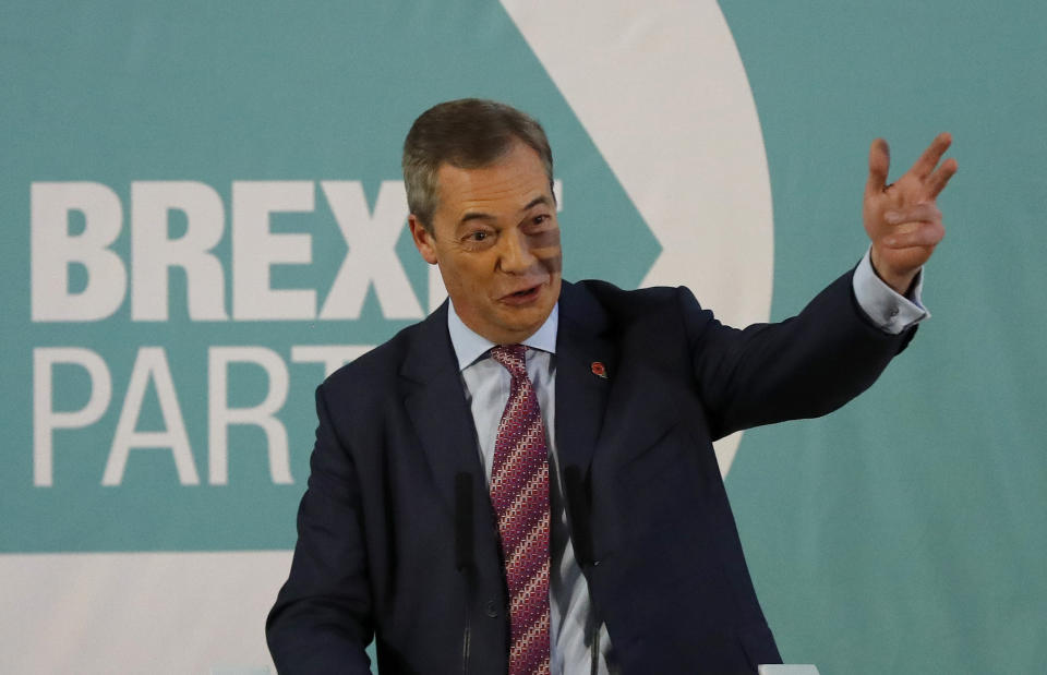 Brexit party leader Nigel Farage speaks during an event as part of the General Election campaign trail, in Hartlepool, England, Monday, Nov. 11, 2019. Britain goes to the polls on Dec. 12. (AP Photo/Frank Augstein)