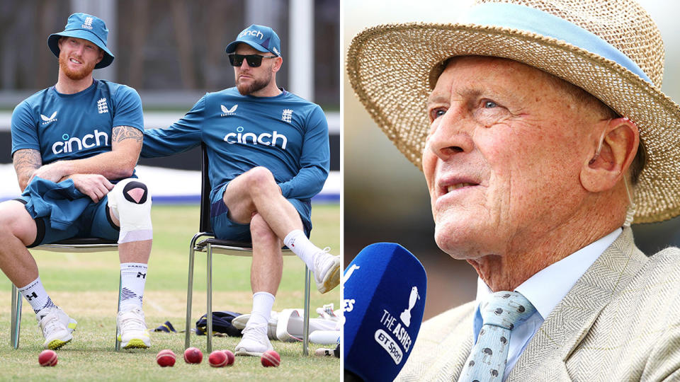 Pictured right, England cricket great Sir Geoffrey Boycott, with Ben Stokes and Brendon McCullum on left.