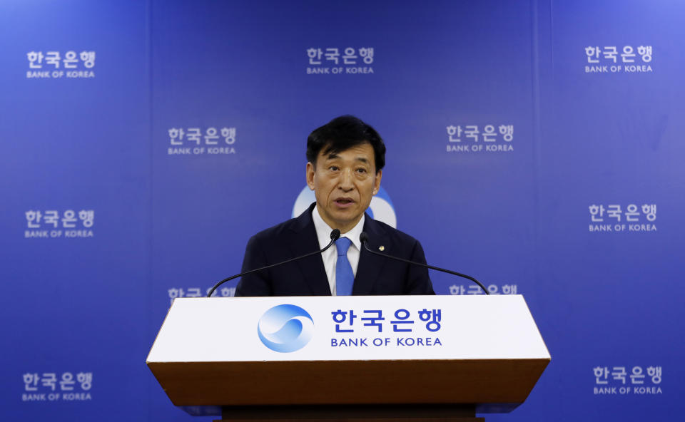 Bank of Korea Gov. Lee Ju-yeol speaks during a press conference in Seoul, South Korea, Thursday, July 18, 2019. South Korea's central bank on Thursday cut its policy rate for the first time in three years to combat a faltering economy that faces further risks from a heated trade dispute with Japan. (AP Photo/Ahn Young-joon)