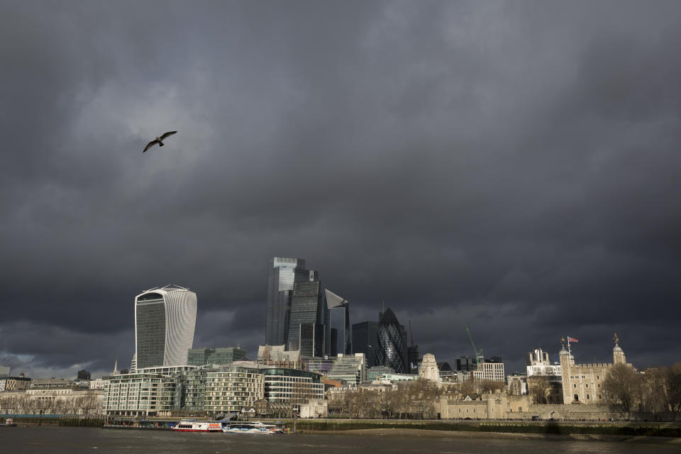 Weeks before the UK's Brexit from the European Union (on 31st January 2020), a wide cityscape of the Tower of London (far right) and the City of London, the capital's financial district, under a darkening sky, on 17th January 2020, in London, England. (Photo by Richard Baker / In Pictures via Getty Images)