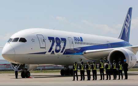 Employees of All Nippon Airways (ANA) queue in front of the company's Boeing 787 Dreamliner plane after its test flight at Haneda airport in Tokyo April 28, 2013. REUTERS/Yuya Shino/File Photo