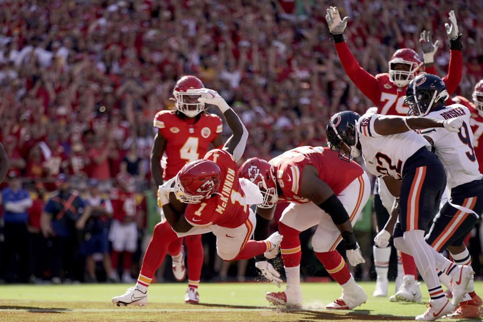 Kansas City Chiefs running back Jerick McKinnon (1) scores during the first half of an NFL football game against the Chicago Bears Sunday, Sept. 24, 2023, in Kansas City, Mo. (AP Photo/Charlie Riedel)