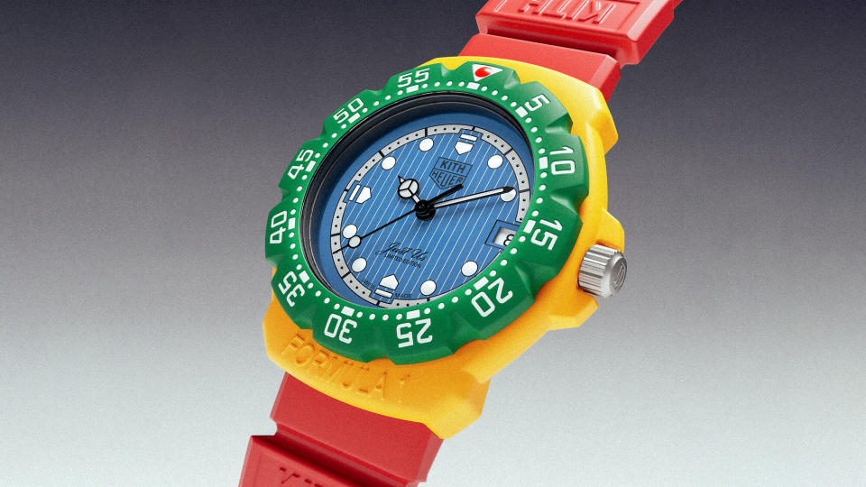 The four-color Tag Heuer Formula 1 Kith nods rare iteration made in the 1980s with Japanese F1 driver Ukyo Katayama, who took cues from the colors of his then-driving team Larrousse.