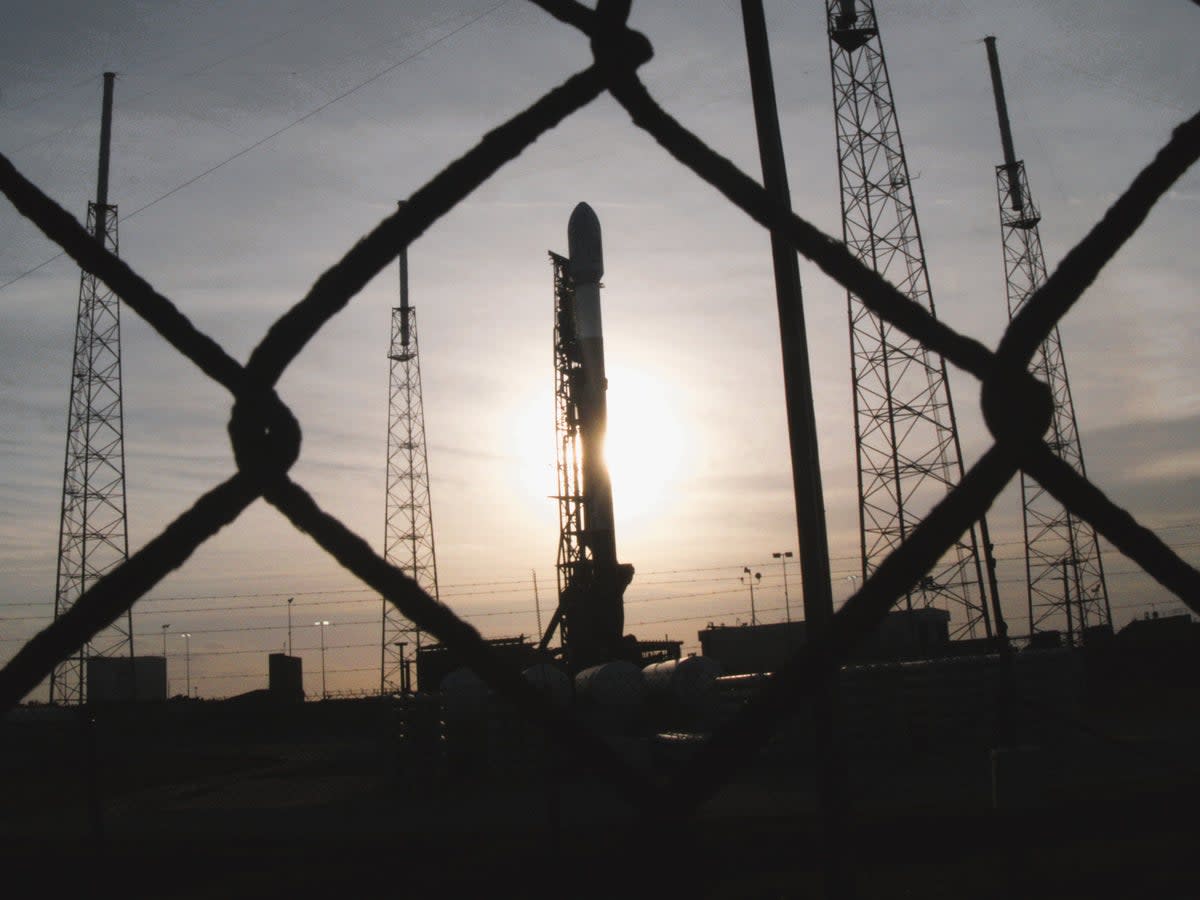 A SpaceX Falcon 9 rocket on a launchpad in Cape Canaveral, Florida, on 17 February, 2023 (Anthony Cuthbertson/ The Independent)