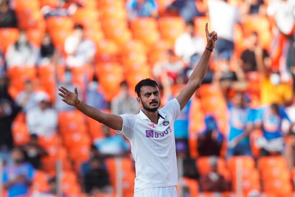 Axar celebrates an English wicket on his home ground in Motera.