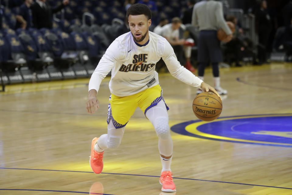 Stephen Curry。（AP Photo/Jeff Chiu）