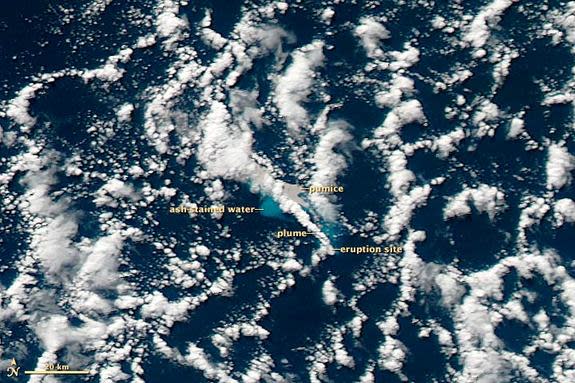 On the same day, though this time in the afternoon, NASA's MODIS snaps imagery clearly showing the Havre Seamount eruption, including the gray pumice, ash-stained water and the volcanic plume.