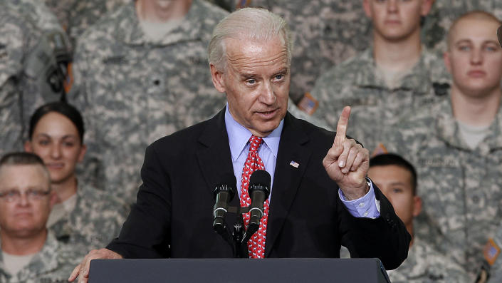 Vice President Joe Biden speaks to troops at Fort Campbell, Ky., Friday, May 6, 2011. President Barack Obama and Biden came to Fort Campbell to address soldiers who have recently returned from Afghanistan. (Mark Humphrey/AP)