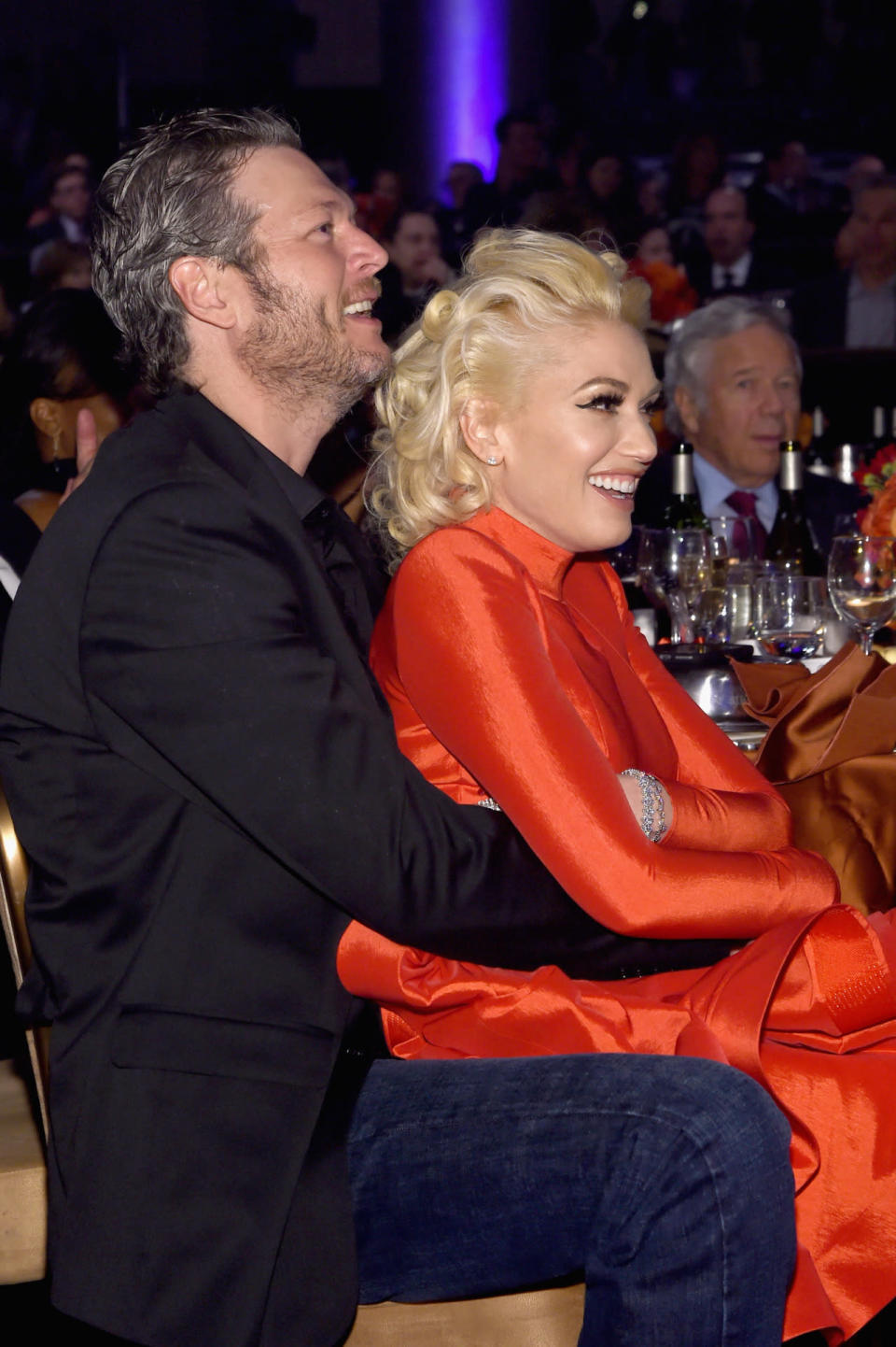 Blake Shelton and Gwen Stefani snuggle at Clive Davis’s Pre-Grammy party. 
