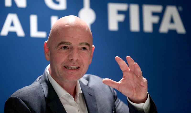 FIFA's President Infantino gestures during a panel discussion in Zurich