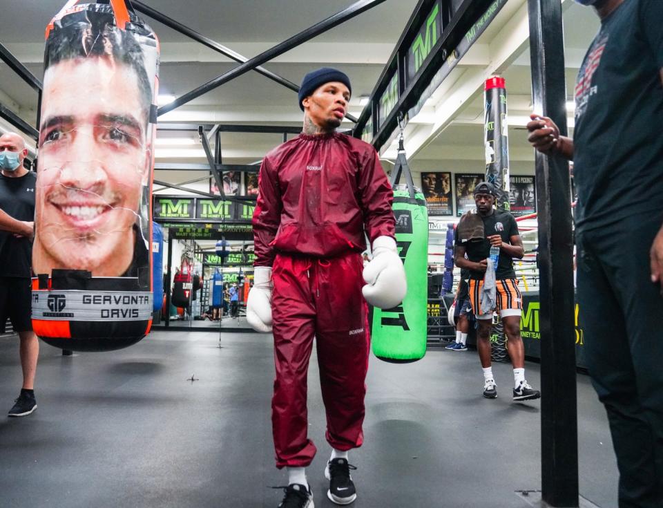 Gervonta Davis works out with a Leo Santa Cruz punching bag during his media day session.