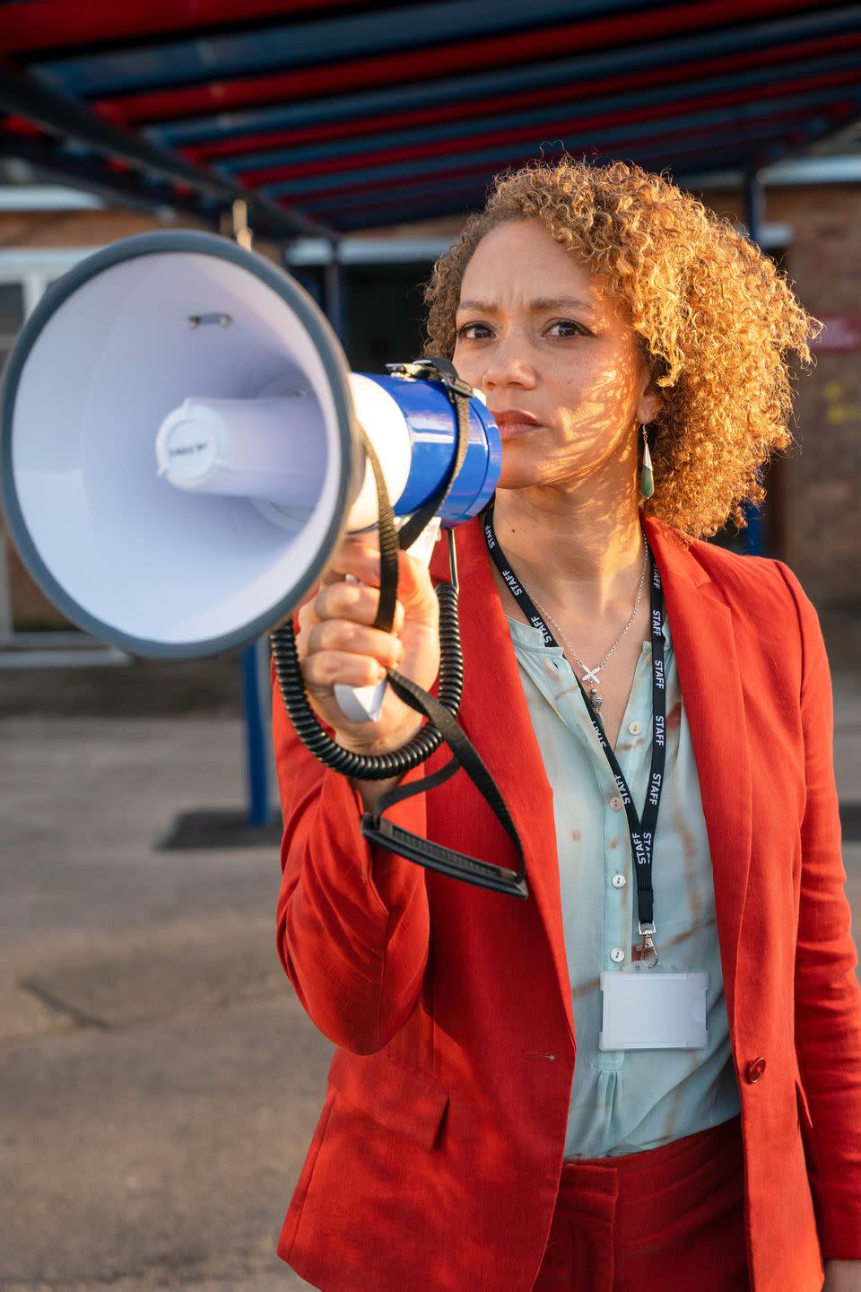 angela griffin holds a megaphone in waterloo road, embargo 0001 friday 25 november
