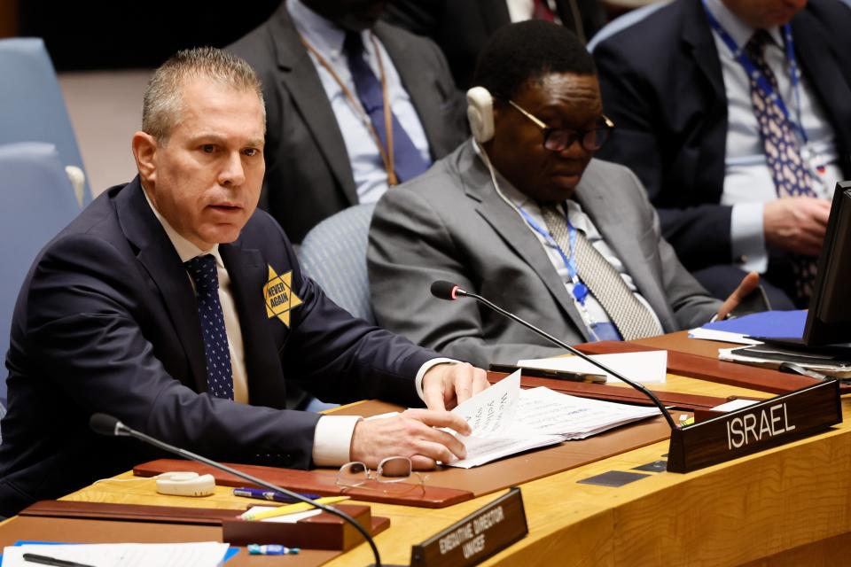 Israeli United Nations Ambassador Gilad Erdan speaks during a Security Council meeting in New York (Getty Images)