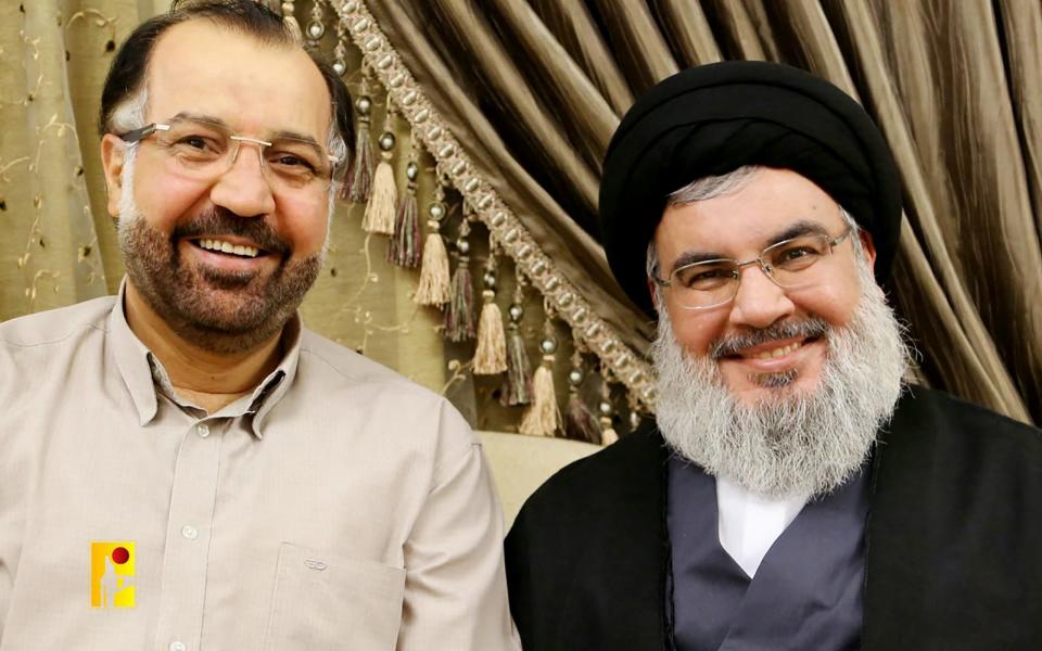 Top Hezbollah commander Fuad Shukr (L) and Hezbollah chief Hassan Nasrallah at an undisclosed location. The body of Shukr was recovered on July 31 from the rubble of an Israeli strike in south Beirut