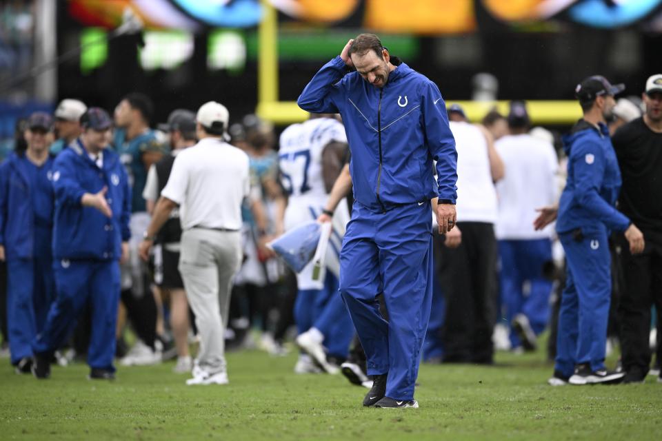 Indianapolis Colts head coach Shane Steichen reacts during the second half of an NFL football game against the Jacksonville Jaguars, Sunday, Oct. 6, 2024, in Jacksonville, Fla. (AP Photo/Phelan M. Ebenhack)