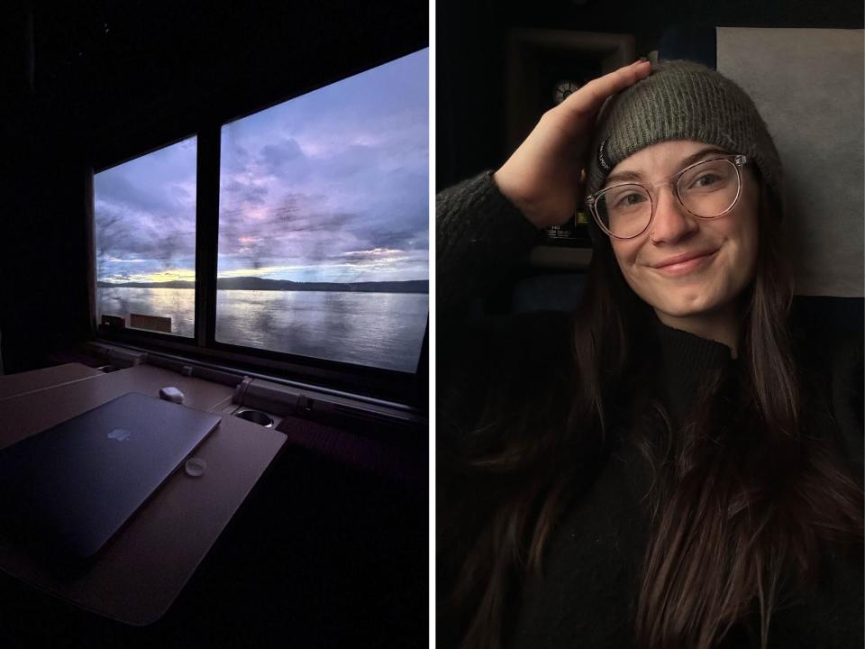 Side-by-side photos show a view of the Hudson River from an Amtrak roomette, and the author smiling for a selfie.