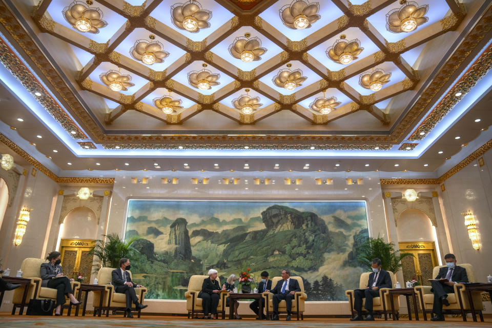 Treasury Secretary Janet Yellen, third from left, speaks as Chinese Premier Li Qiang, third from right, listens during a meeting at the Great Hall of the People in Beijing, China, Friday, July 7, 2023. (AP Photo/Mark Schiefelbein, Pool)