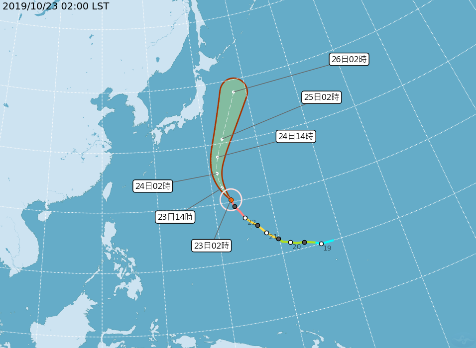 氣象局預估強颱博羅依將持續往北移動，對台灣沒有影響。（氣象局提供）