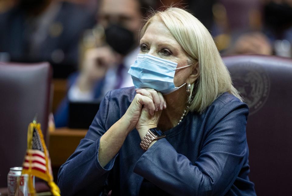 State Rep. Terri Austin listens on the first day of legislative session Tuesday, Jan. 4, 2022, at the Indiana Statehouse in Indianapolis. 