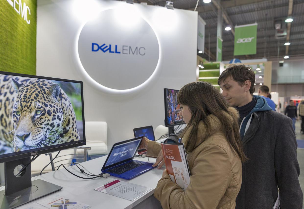 Kiev, Ukraine - October 9, 2016: Unrecognized people visit Dell Emc, an American data storage company booth during CEE 2016.