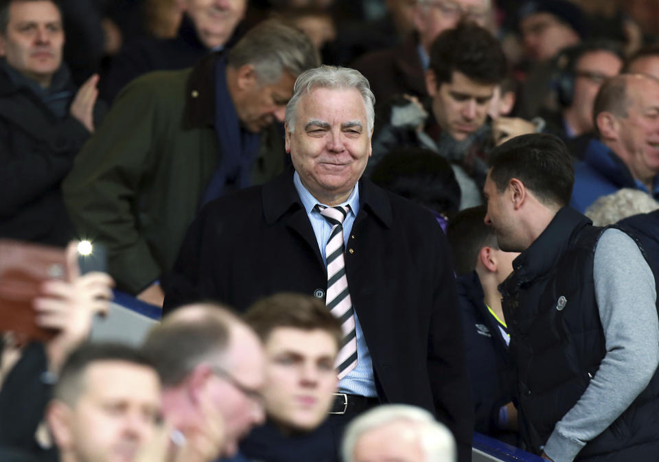 FILE - Bill Kenwright on Nov. 22, 2014. Bill Kenwright, a British theater impresario and film producer whose 34-year association with Everton soccer club included spending nearly two decades as its chairman, has died. He was 78. Everton announced Kenwright's death on Tuesday Oct. 24, 2023. (Peter Byrne/PA via AP, File)