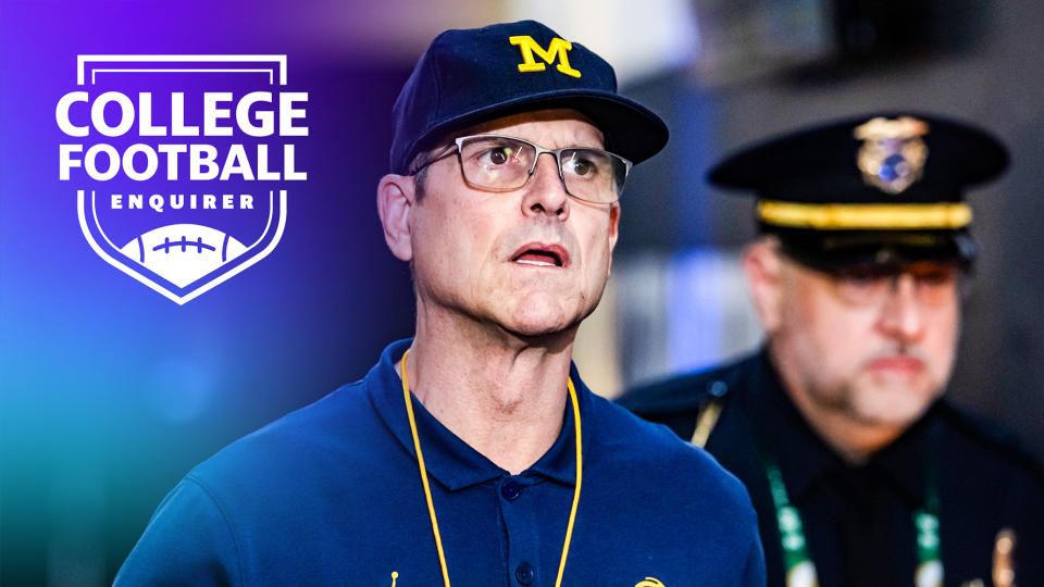 Jan 8, 2024; Houston, TX, USA; Michigan Wolverines head coach Jim Harbaugh against the Washington Huskies in the 2024 College Football Playoff national championship game at NRG Stadium. Mandatory Credit: Mark J. Rebilas-USA TODAY Sports