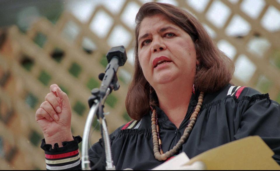 Wilma Mankiller, principal chief of the Cherokee Nation, gives her last State of the Nation speech Sept. 3, 1994, in Tahlequah, Okla.