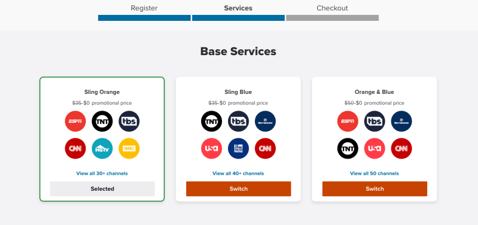 The Sling TV free trial sign-up screen presents, Orange, Blue and Orange & Blue packages.