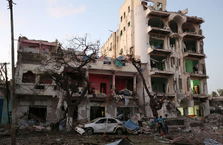 A general view shows the scene of a suicide car bombing outside Hotel Ambassador on Maka Al Mukaram Road in Somalia's capital Mogadishu, June 1, 2016. REUTERS/Feisal Omar