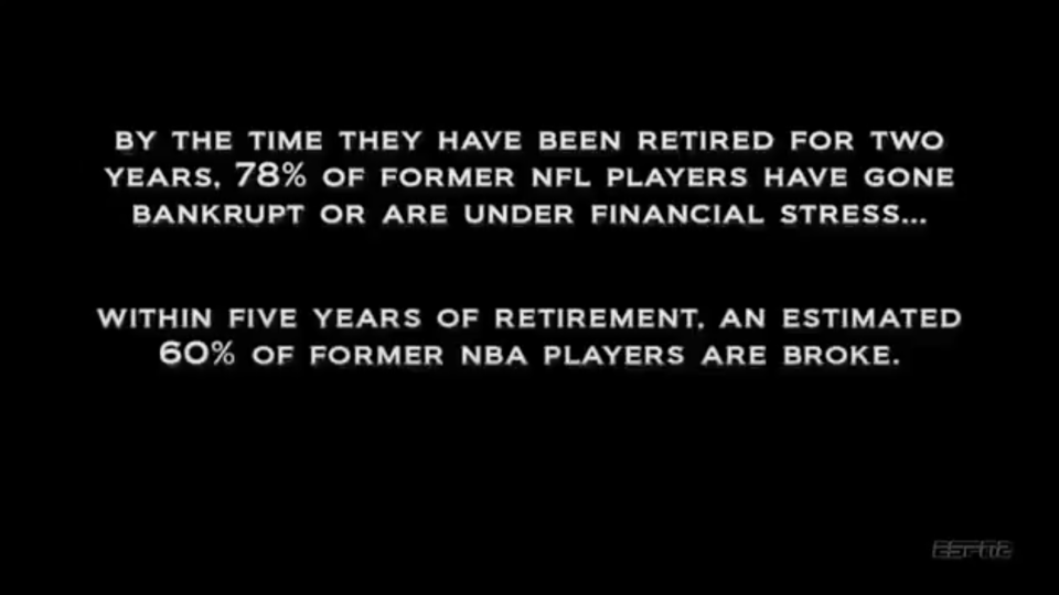 Within two years of retirement, 78% of former NFL players have gone bankrupt or are under financial stress. Within five years of retirement, and estimated 60% of former NBA players are broke