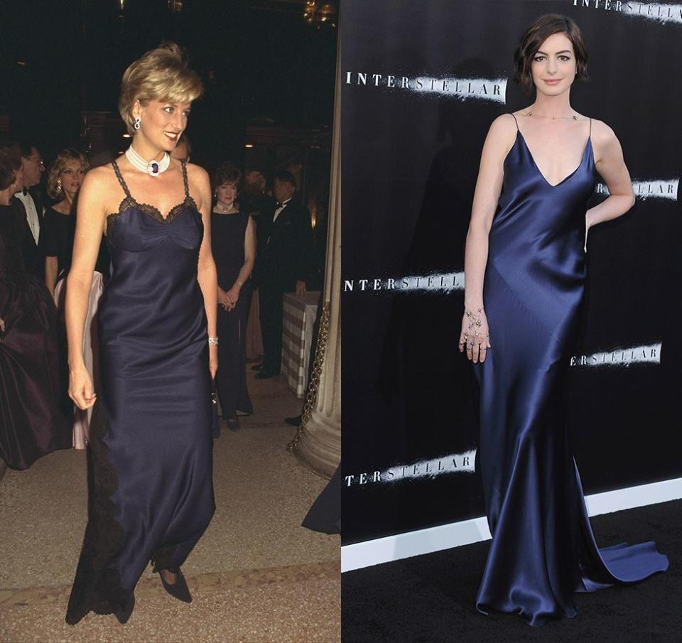 <p>The Christian Dior slip dress Princess Diana wore to the 1996 Met Gala will forever be iconic, despite the <a href="https://www.elle.com/uk/fashion/celebrity-style/a26340204/princess-diana-almost-didnt-wear-iconic-navy-dior-slip-dress-for-fear-of-embarrassing-prince-william/" rel="nofollow noopener" target="_blank" data-ylk="slk:royal almost not even wearing;elm:context_link;itc:0;sec:content-canvas" class="link ">royal almost not even wearing</a> the revealing piece. Decades later, Anne Hathaway took a cue from the Princess, baring all in a slinky navy slip dress for the premiere of Interstellar.</p>