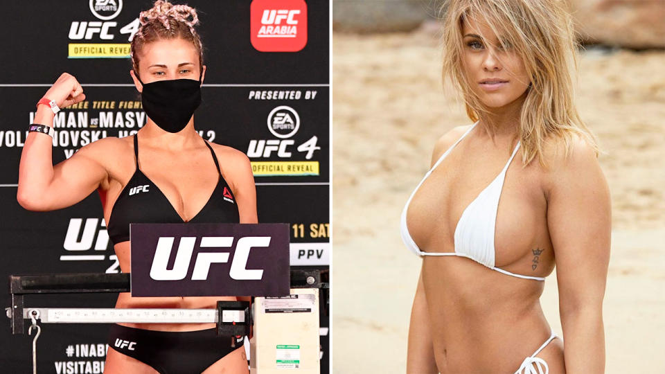 Seen here, Paige VanZant posing for a UFC photo and in a Sports Illustrated photo shoot on the right.