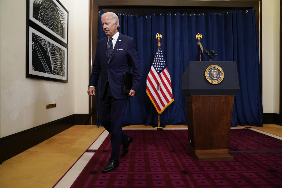 President Joe Biden leaves after speaking to reporters about meetings with Saudi Crown Prince Mohammed bin Salman at the Waldorf Astoria Jeddah Qasr Al Sharq hotel, Friday, July 15, 2022, in Jeddah, Saudi Arabia. (AP Photo/Evan Vucci)