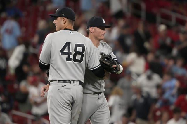 Photo: St. Louis Cardinals Andrew Knizner Talks To New York Yankees  Harrison Bader - SLP2023070208 