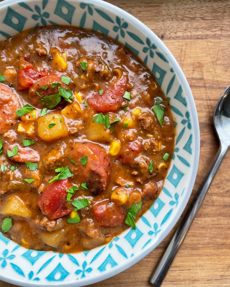 Cowboy stew in bowl.