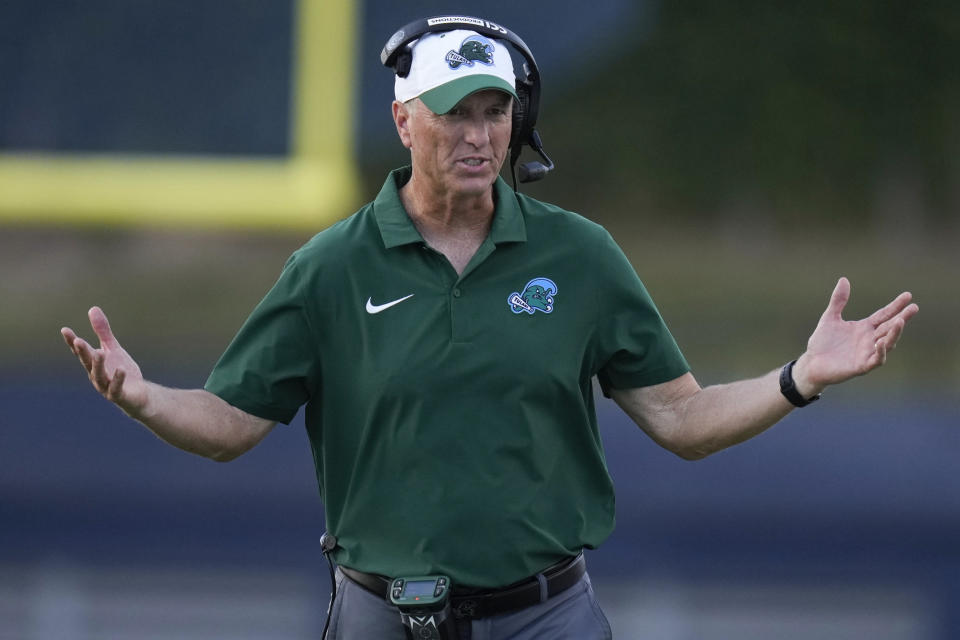 Tulane head coach Willie Fritz walks on the field during a timeout during the second half of an NCAA college football game against Rice, Saturday, Oct. 28, 2023, in Houston. (AP Photo/Eric Christian Smith)