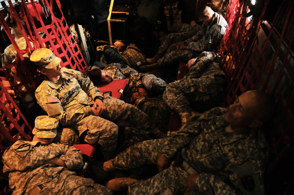 After a 2 a.m. wake-up call, Citizen-Soldiers from the 1st Battalion, 296th Infantry Regiment of the Puerto Rico National Guard take a âpower napâ during a flight on a C-130 Hercules aircraft before their next mission for Annual Training 2015 at Fort Polk, Louisiana. The 296th will be conducting their AT 2015 in coordination with the 256th Infantry Brigade Combat Team from the Louisiana National Guard from May 30 â June 13. According to Lt. Col. Hector Santiago, the 296th commander, one of the reasons for his unit to train in Fort Polk is to be able to use weaponry they cannot use in Puerto Rico due to temporary terrain constraints. Some of the weapons schedule to be used are the .50-caliber Browning machine gun (50 Cal), M120 Mortar System and the BGM-71 Tube-launched Optically-tracked Wire-guided Missile (TOW) among others.