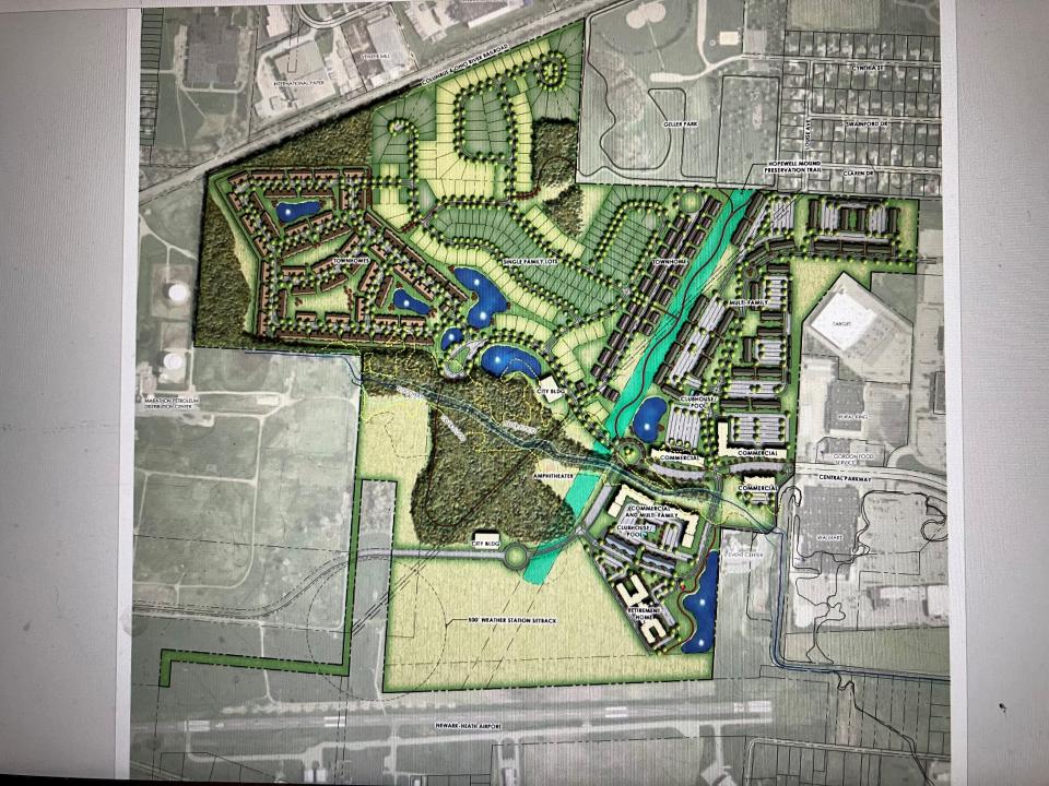 A sketch plan for a Heath multi-use development behind Walmart prepared by Faris Planning & Design for Ciminellos Inc. and Pinnacle Development.