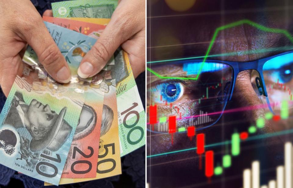 Compilation image of hands counting cash and image of close up of eyes looking at the share market