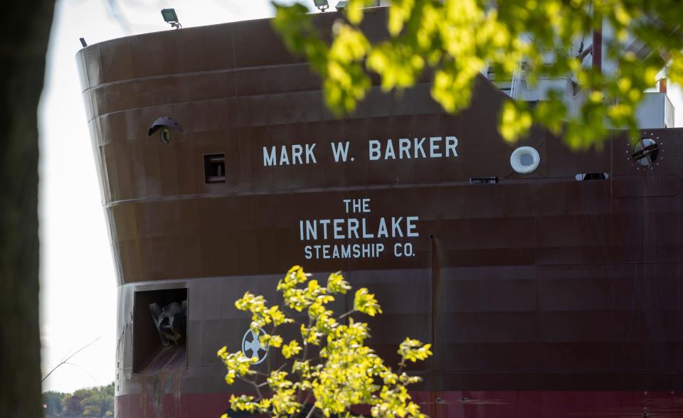 The Mark W. Barker, a large freighter, ran aground on the Canadian side of Belle Isle in Detroit on Wed., May 17, 2023.