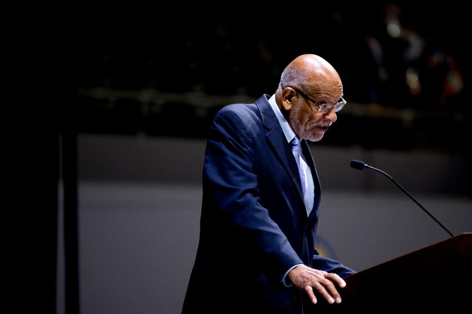 Robert Booker speaks as the keynote speaker for the Austin-East graduation at Thompson-Boling Arena in Knoxville, Tennessee on Thursday, May 16, 2019.